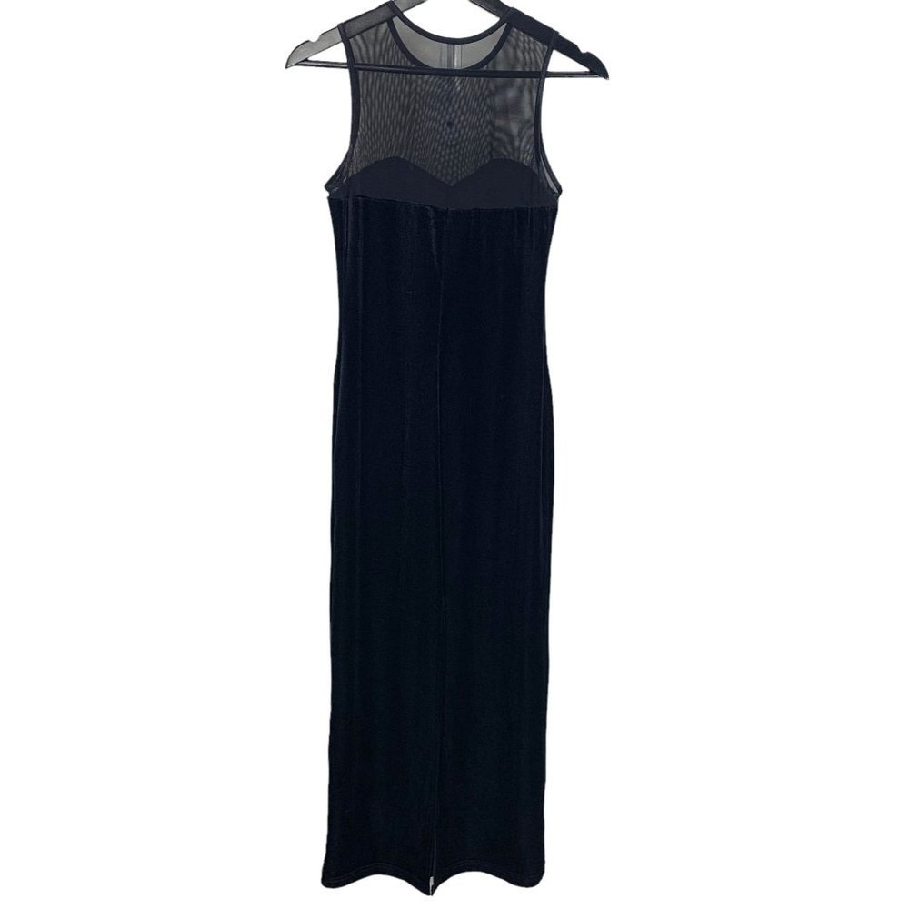Vintage 90s Black Sleeveless Sweetheart Neck Mesh Velvet Full Length Dress Small - Picture 2 of 7